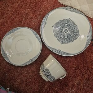 Franciscan Petalpoint Platinum Trim Teacup, Saucer & Dessert Plate